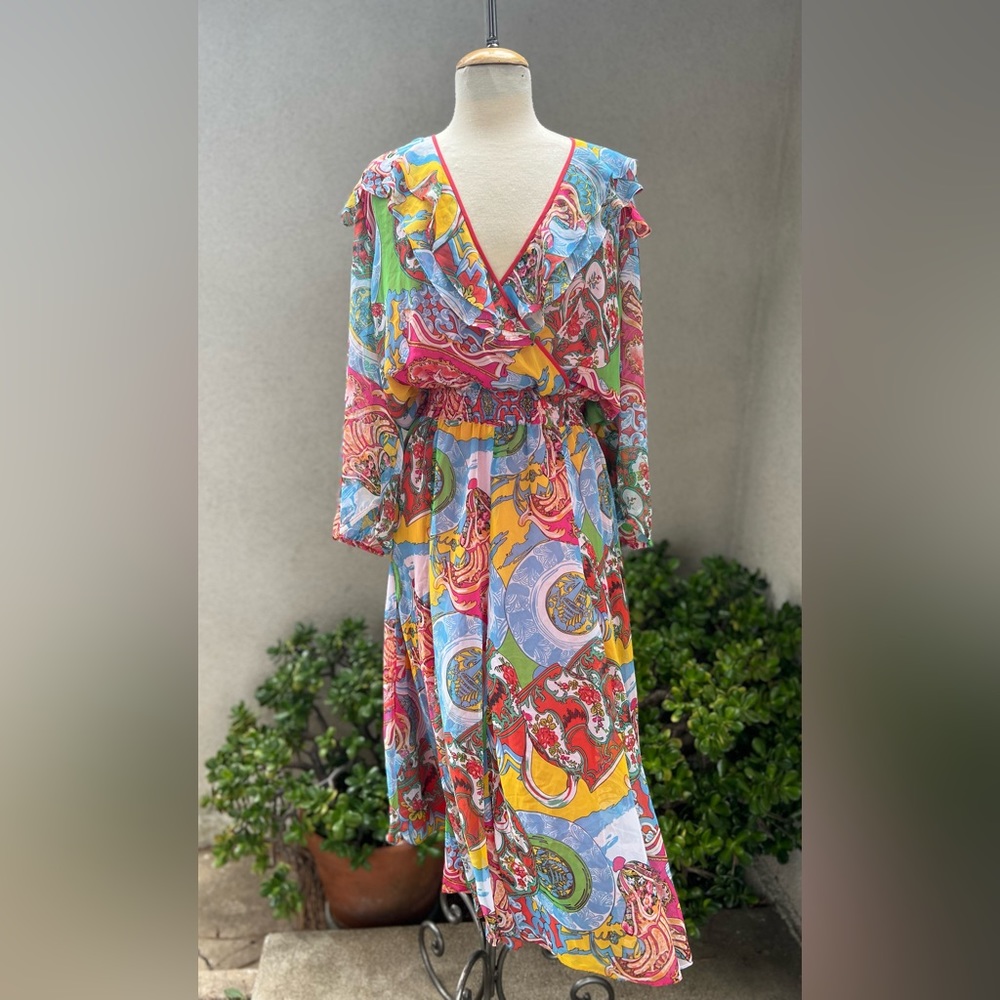 Vintage Diane Freis ruffle maxi dress Georgette chiffon multi colors Sz Medium